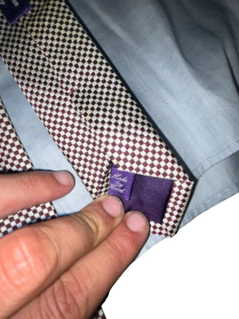 Ralph Lauren Purple Label Burgundy & Cream Checkered Silk Tie Made In Italy